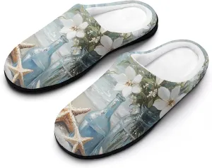 Vintage Seaside Flowers Starfish Shells Comfort Mens Cotton Slippers Winter Warm Slip-on House Shoes For Home Office Hotel