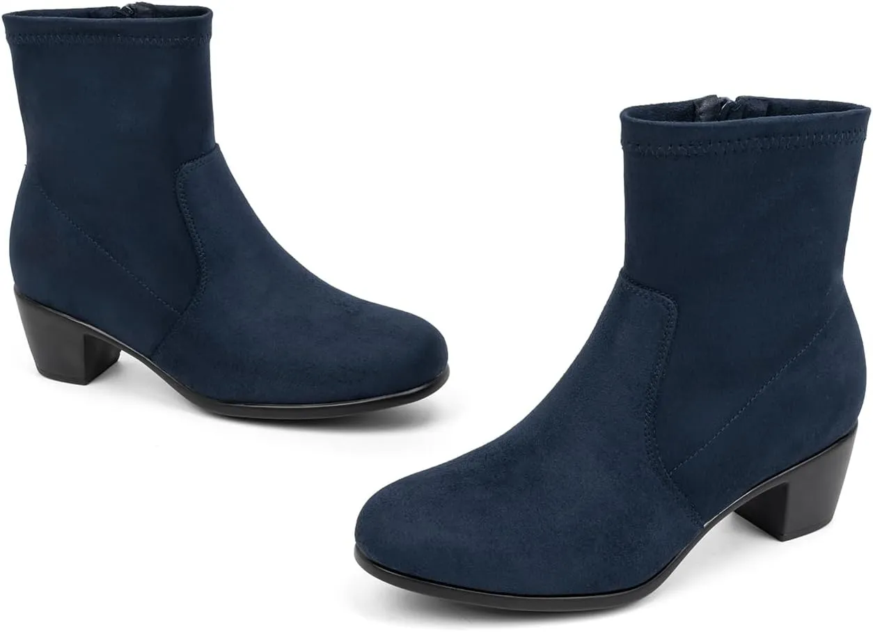 VJH confort Women's Stretch Ankle Boots Block Low Heel Almond Toe Comfy Dress Slip-on Booties with Zipper