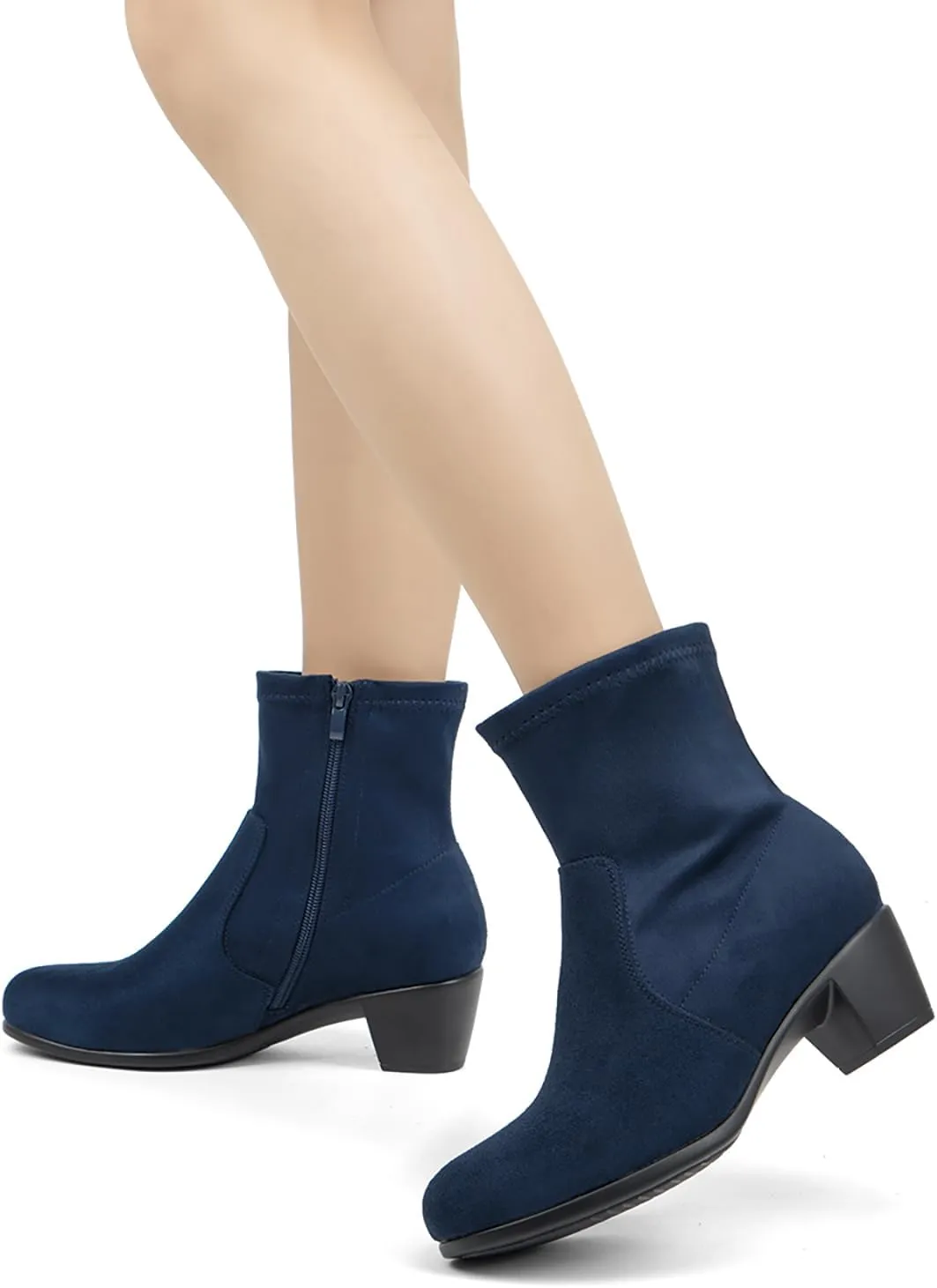VJH confort Women's Stretch Ankle Boots Block Low Heel Almond Toe Comfy Dress Slip-on Booties with Zipper