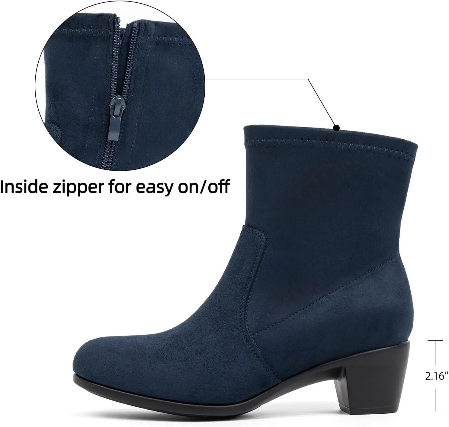VJH confort Women's Stretch Ankle Boots Block Low Heel Almond Toe Comfy Dress Slip-on Booties with Zipper