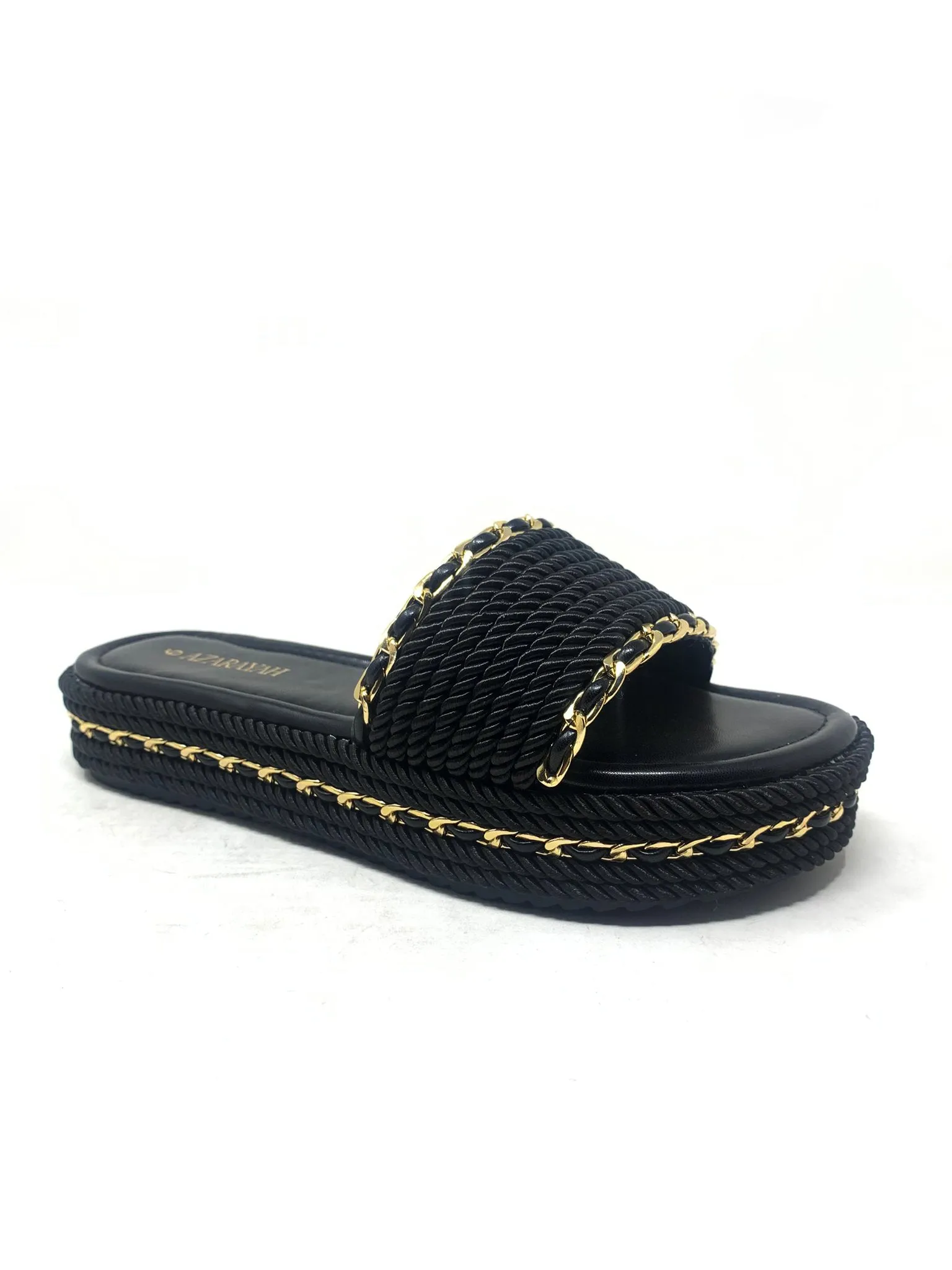 WANT YOU Rope Chain Slides – Black & Gold Luxe Flat