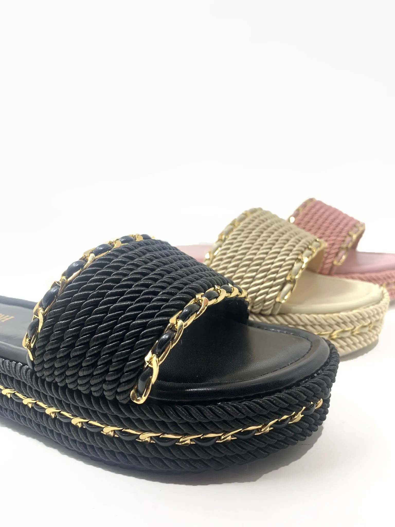 WANT YOU Rope Chain Slides – Black & Gold Luxe Flat