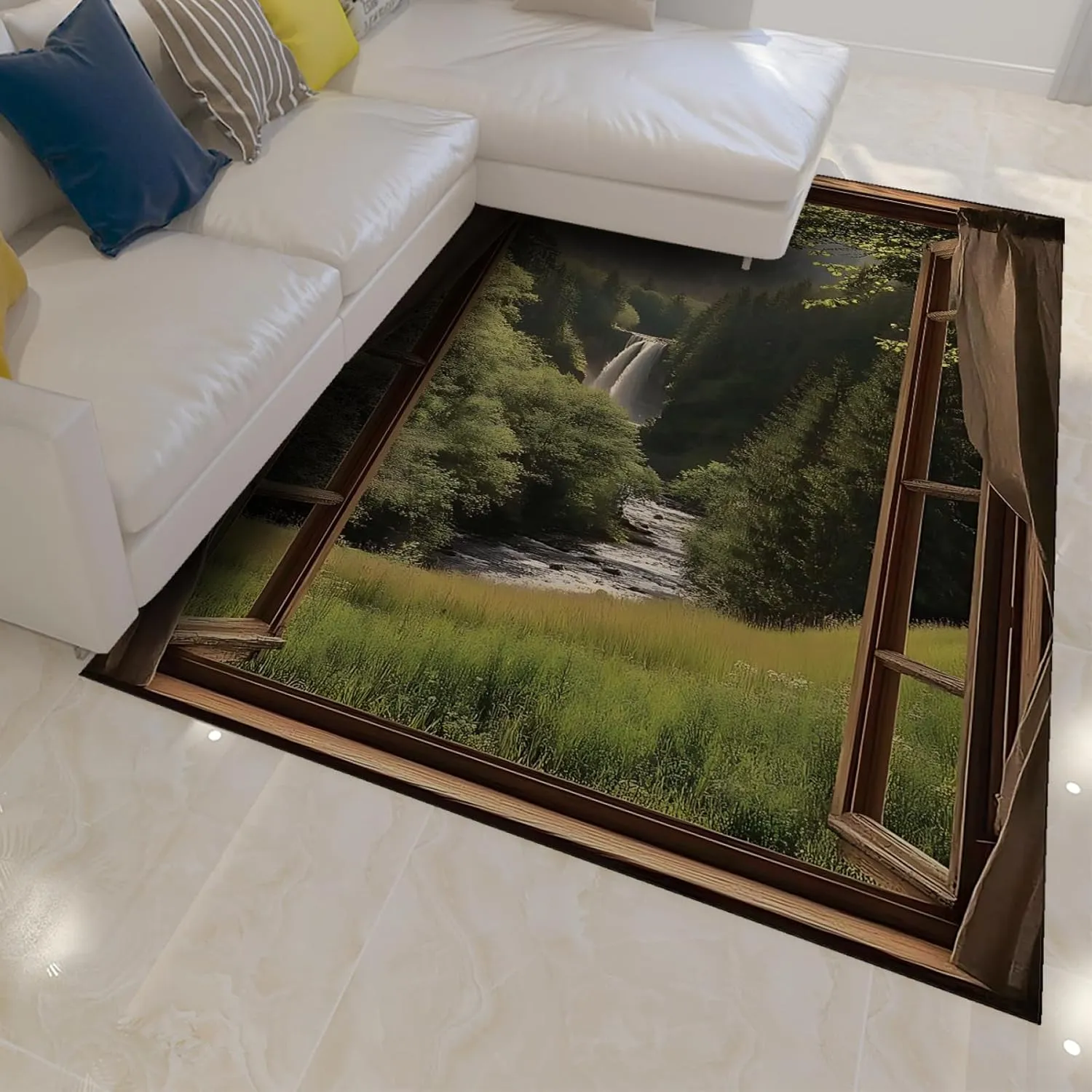 Waterfall Through Window Area Rugs Green Forest Relaxing Nature Scene Carpet Low Pile Floor Mat for Living Room Bedroom Hallway 5'x9'