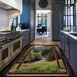 Waterfall Through Window Area Rugs Green Forest Relaxing Nature Scene Carpet Low Pile Floor Mat for Living Room Bedroom Hallway 5'x9'