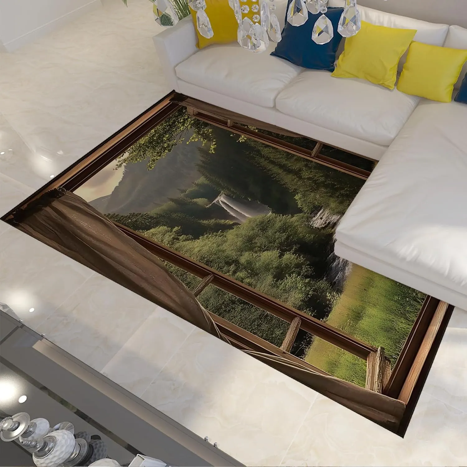 Waterfall Through Window Area Rugs Green Forest Relaxing Nature Scene Carpet Low Pile Floor Mat for Living Room Bedroom Hallway 5'x9'