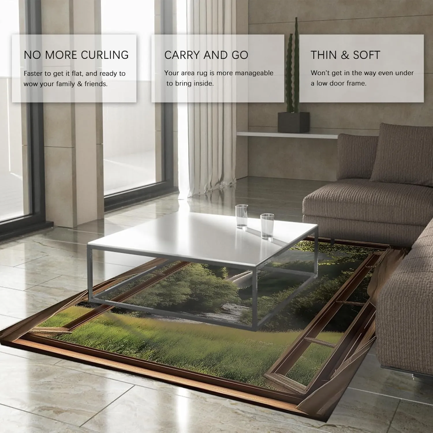 Waterfall Through Window Area Rugs Green Forest Relaxing Nature Scene Carpet Low Pile Floor Mat for Living Room Bedroom Hallway 5'x9'
