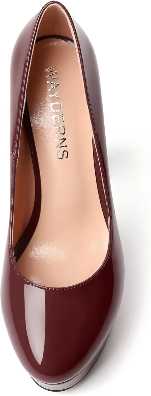 WAYDERNS Womens Round Toe Slip On Casual Platform Wedding Patent Block High Heel Pumps Shoes 5 Inch