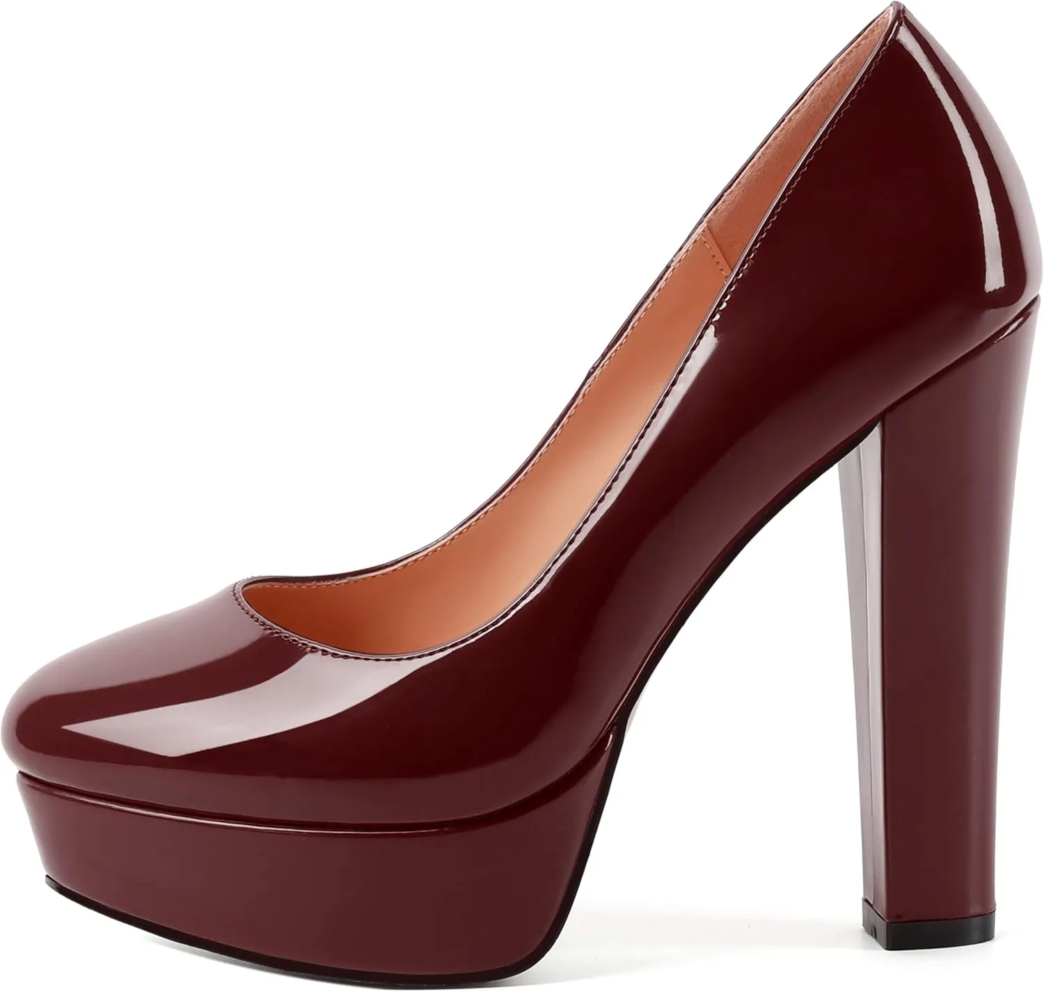 WAYDERNS Womens Round Toe Slip On Casual Platform Wedding Patent Block High Heel Pumps Shoes 5 Inch