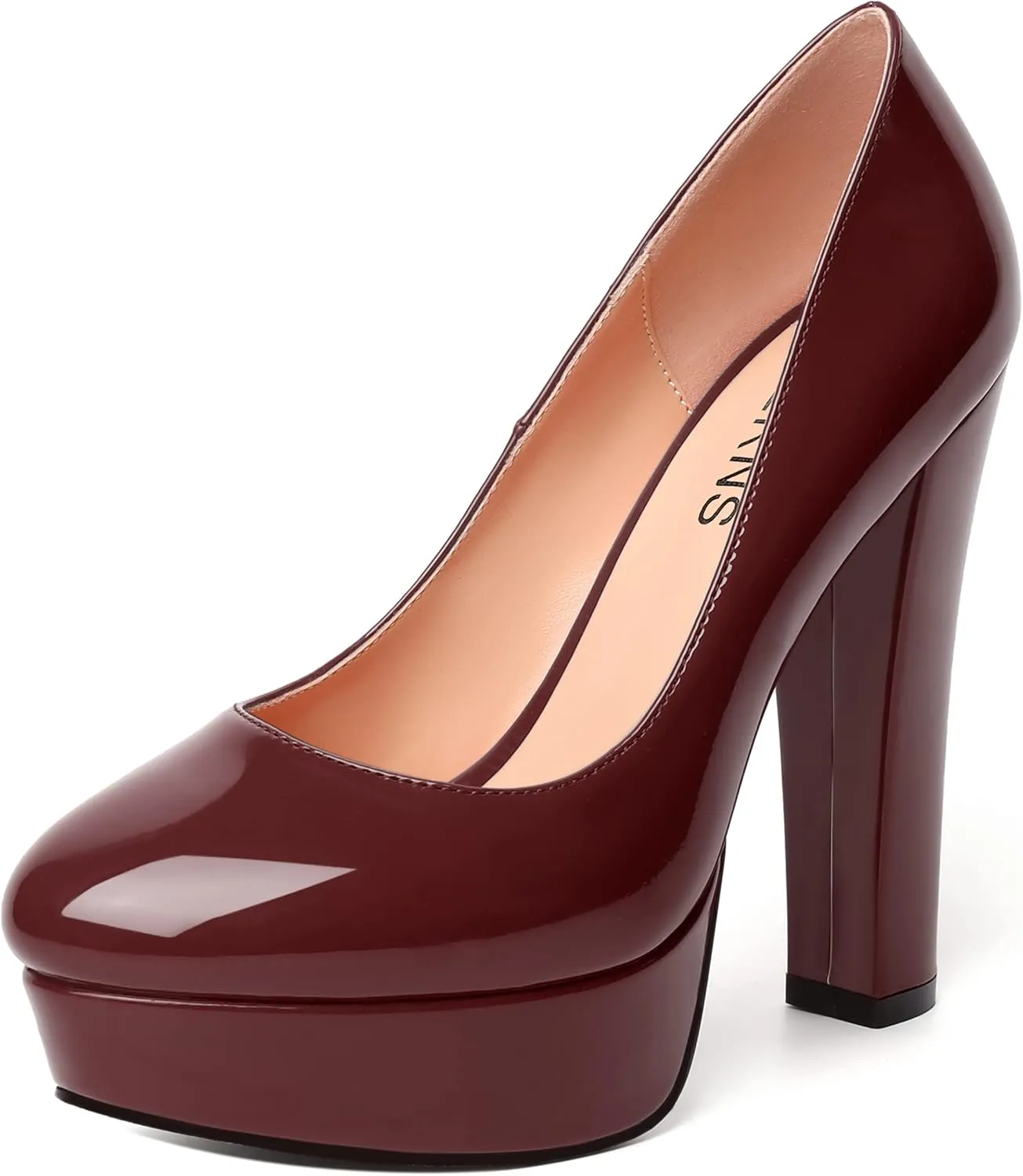 WAYDERNS Womens Round Toe Slip On Casual Platform Wedding Patent Block High Heel Pumps Shoes 5 Inch