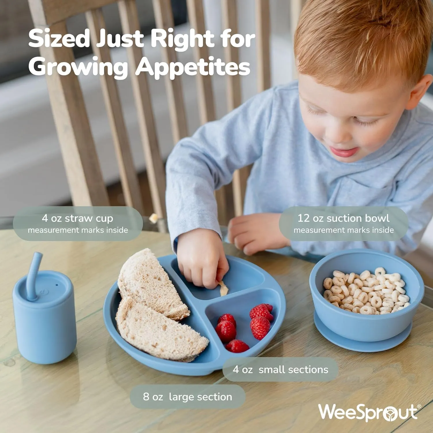 WeeSprout Baby Led Weaning Bundle, Silicone Suction Bowl, Spoons, Bib & Cup, Develops Self Feeding Skills, Dishwasher Safe (Green)