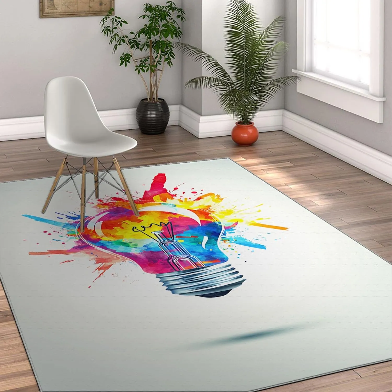 White Area Rugs Creative Urban Art Colorful Graffiti Lightbulb Print Non Slip Carpet for Bedroom Living Room Office Thin Floor Mat 3'3"x5'