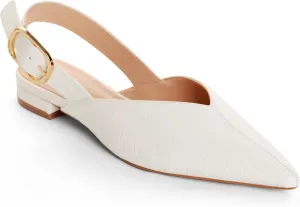 White Slingback Flat Shoes for Women Pointed Toe Adjustable Buckle Flat Mule Sandals Casual Comfortable Office Dressy Shoes