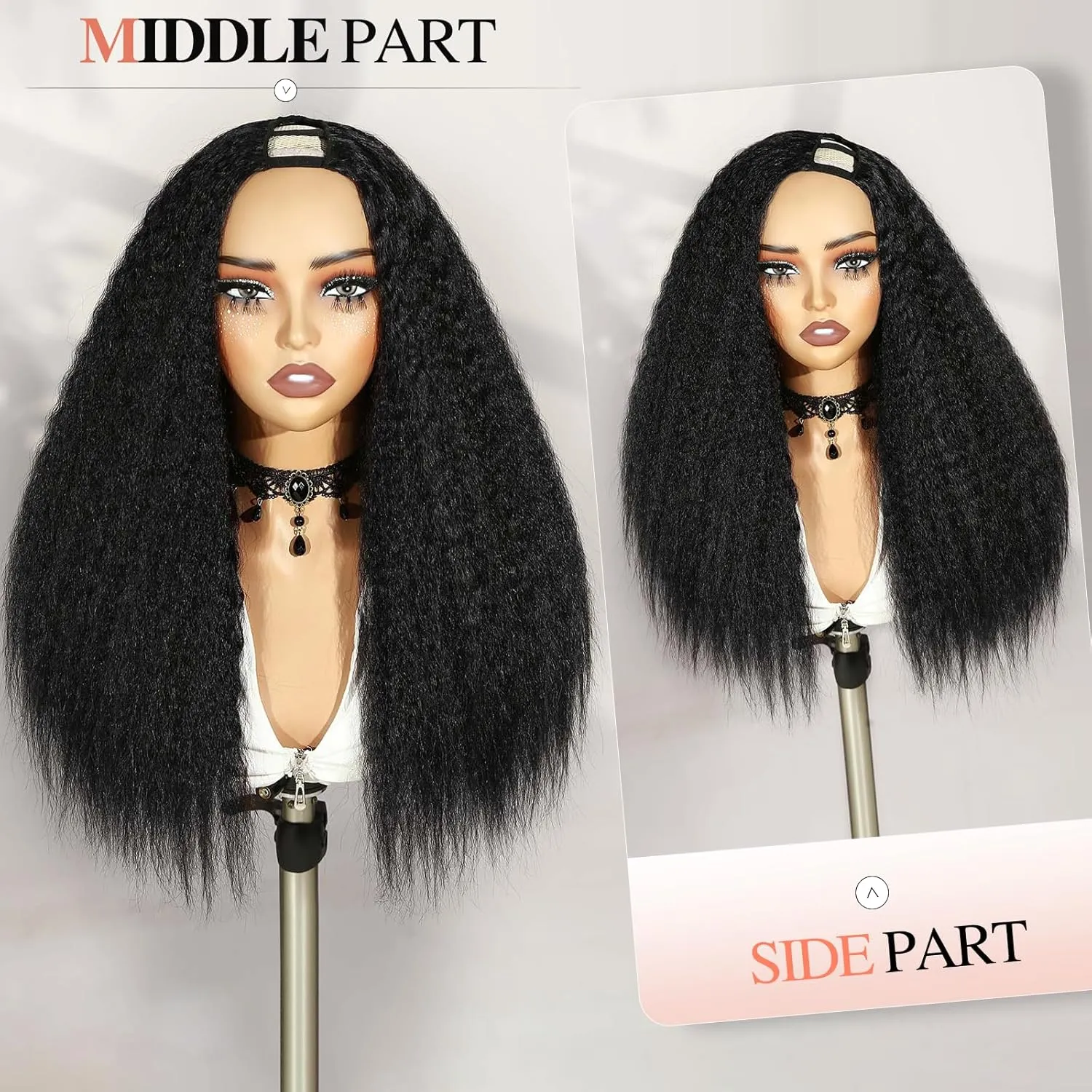 WIGER Kinky Straight U Part Wigs Human Hair Half Wig 1B Glueless Thin Leave Out Curly Hair 200% Density 18 Inch kinky Curly Clip in Wigs for Black Women Wear And Go Wig