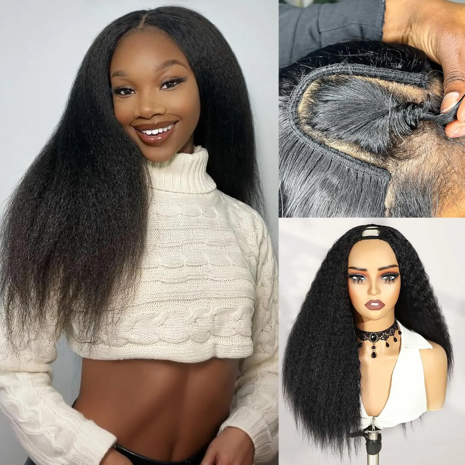 WIGER Kinky Straight U Part Wigs Human Hair Half Wig 1B Glueless Thin Leave Out Curly Hair 200% Density 18 Inch kinky Curly Clip in Wigs for Black Women Wear And Go Wig