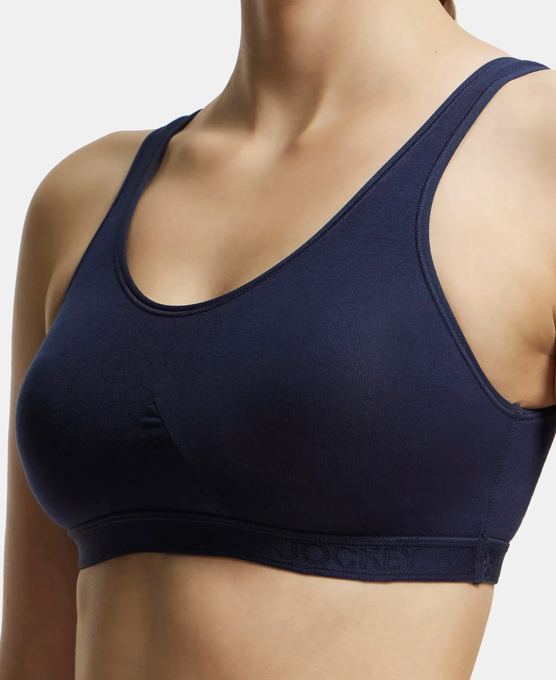 Wirefree Non Padded Super Combed Cotton Elastane Stretch Full Coverage Slip-On Active Bra with Wider Straps and Moisture Move Treatment - Navy Blazer