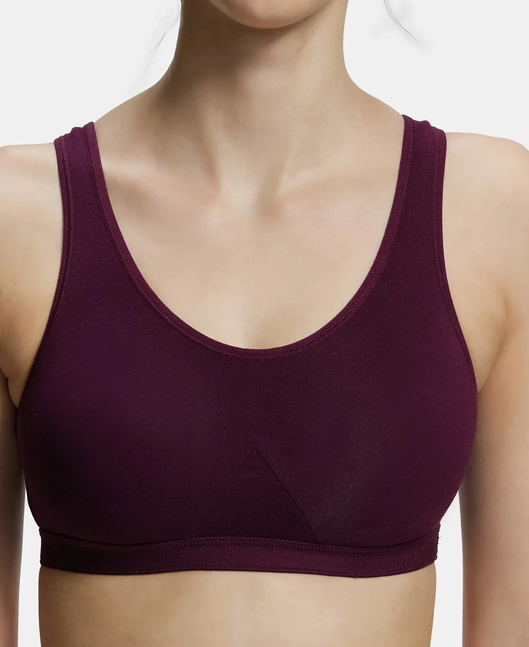 Wirefree Non Padded Super Combed Cotton Elastane Stretch Full Coverage Slip-On Active Bra with Wider Straps and Moisture Move Treatment - Wine Tasting