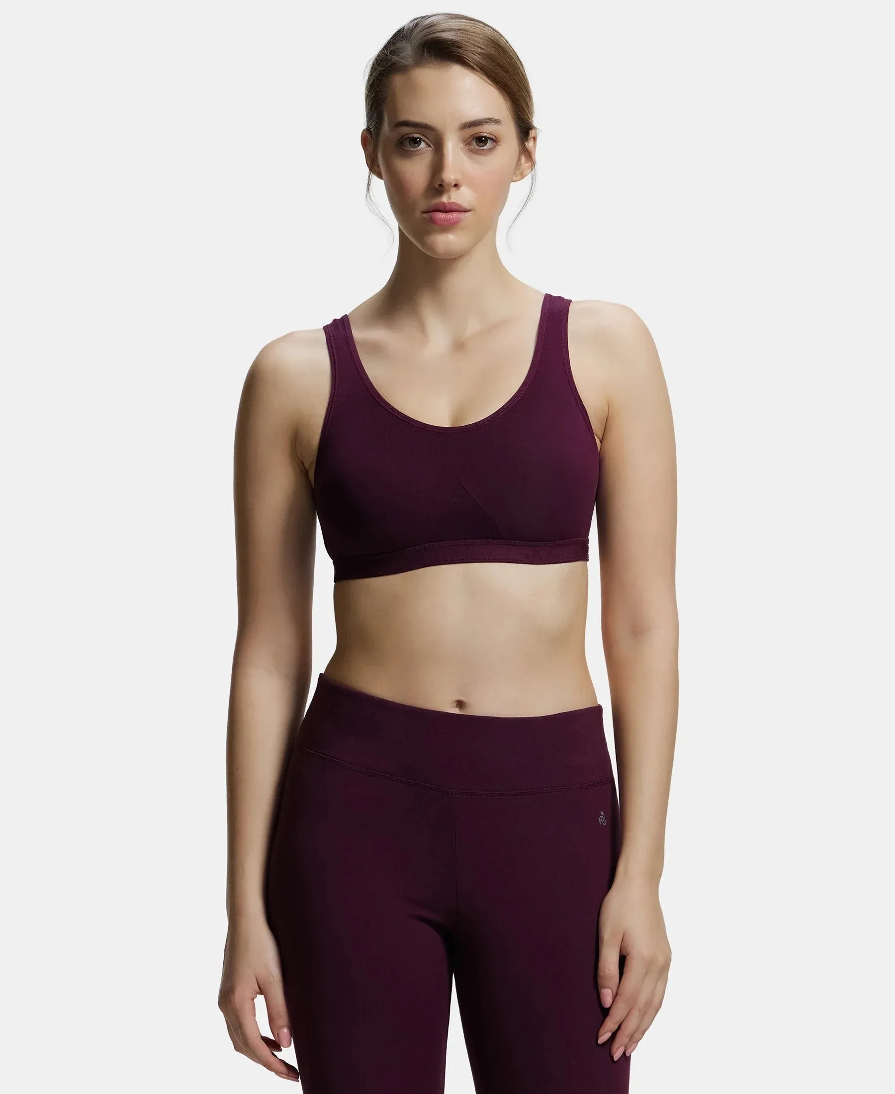 Wirefree Non Padded Super Combed Cotton Elastane Stretch Full Coverage Slip-On Active Bra with Wider Straps and Moisture Move Treatment - Wine Tasting