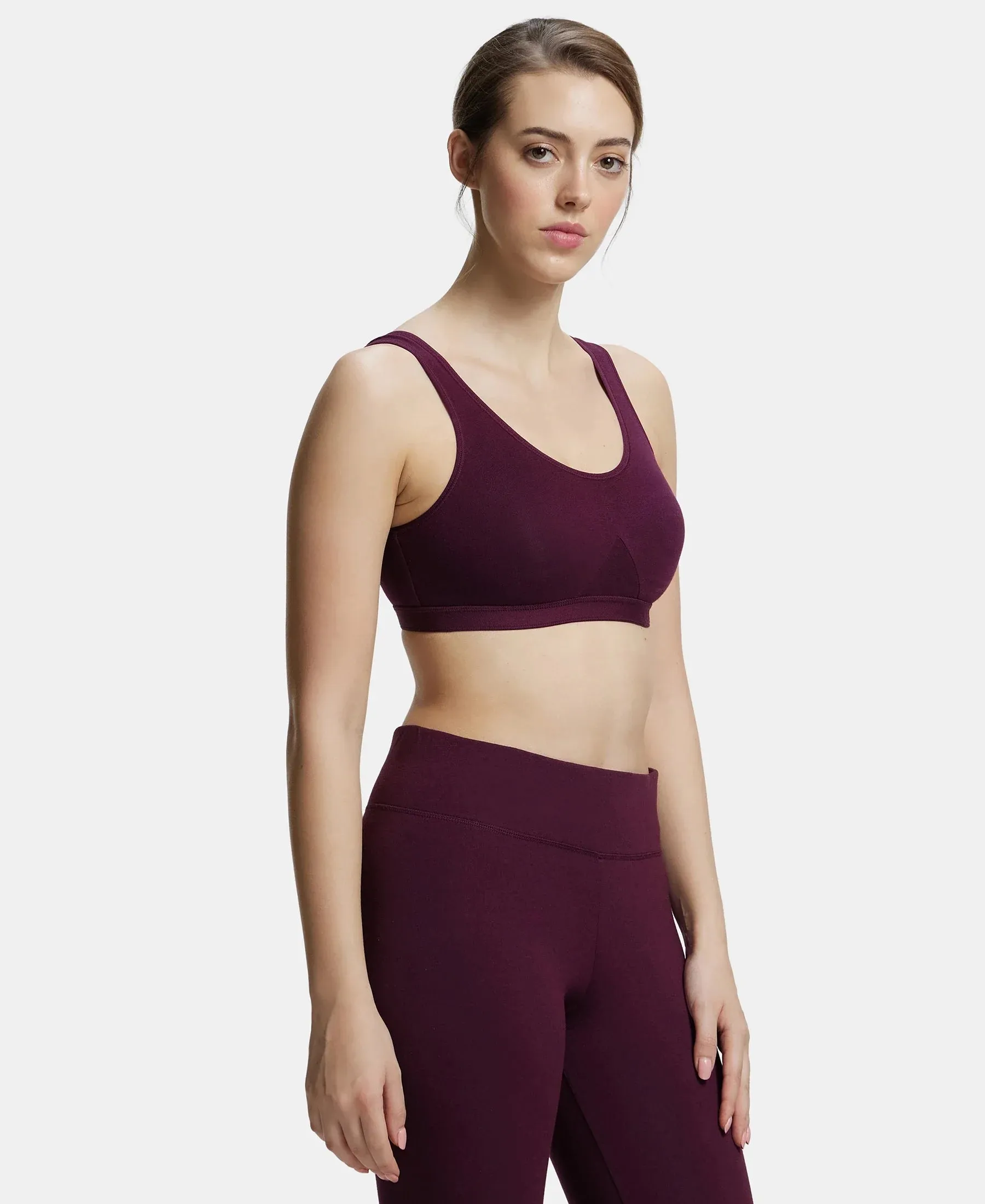 Wirefree Non Padded Super Combed Cotton Elastane Stretch Full Coverage Slip-On Active Bra with Wider Straps and Moisture Move Treatment - Wine Tasting