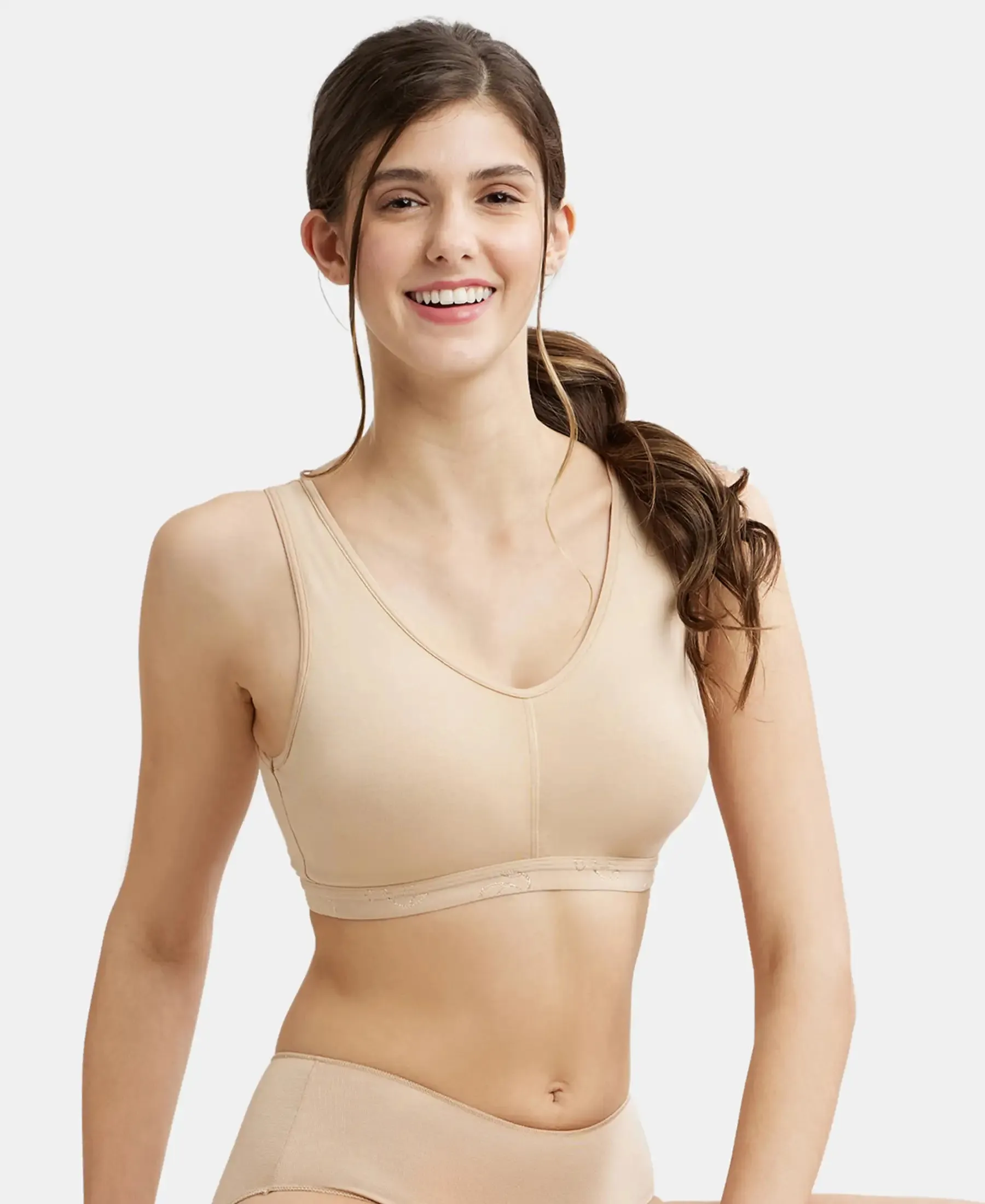 Wirefree Padded Super Combed Cotton Elastane Stretch Full Coverage Lounge and Sleep Bra with Removable Pads - Skin