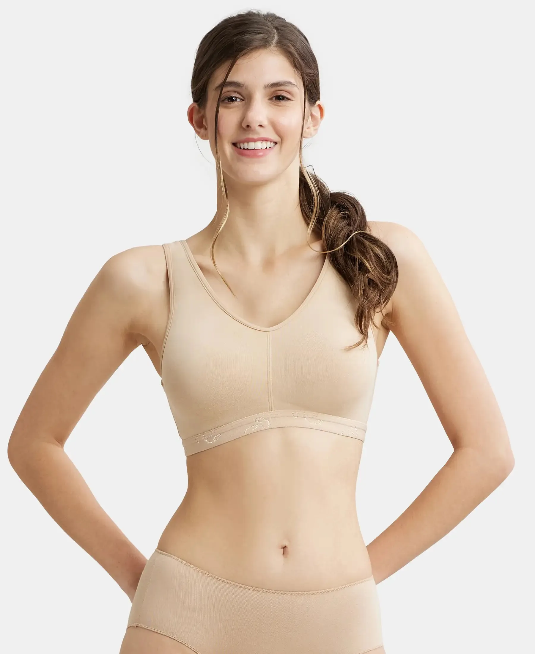 Wirefree Padded Super Combed Cotton Elastane Stretch Full Coverage Lounge and Sleep Bra with Removable Pads - Skin