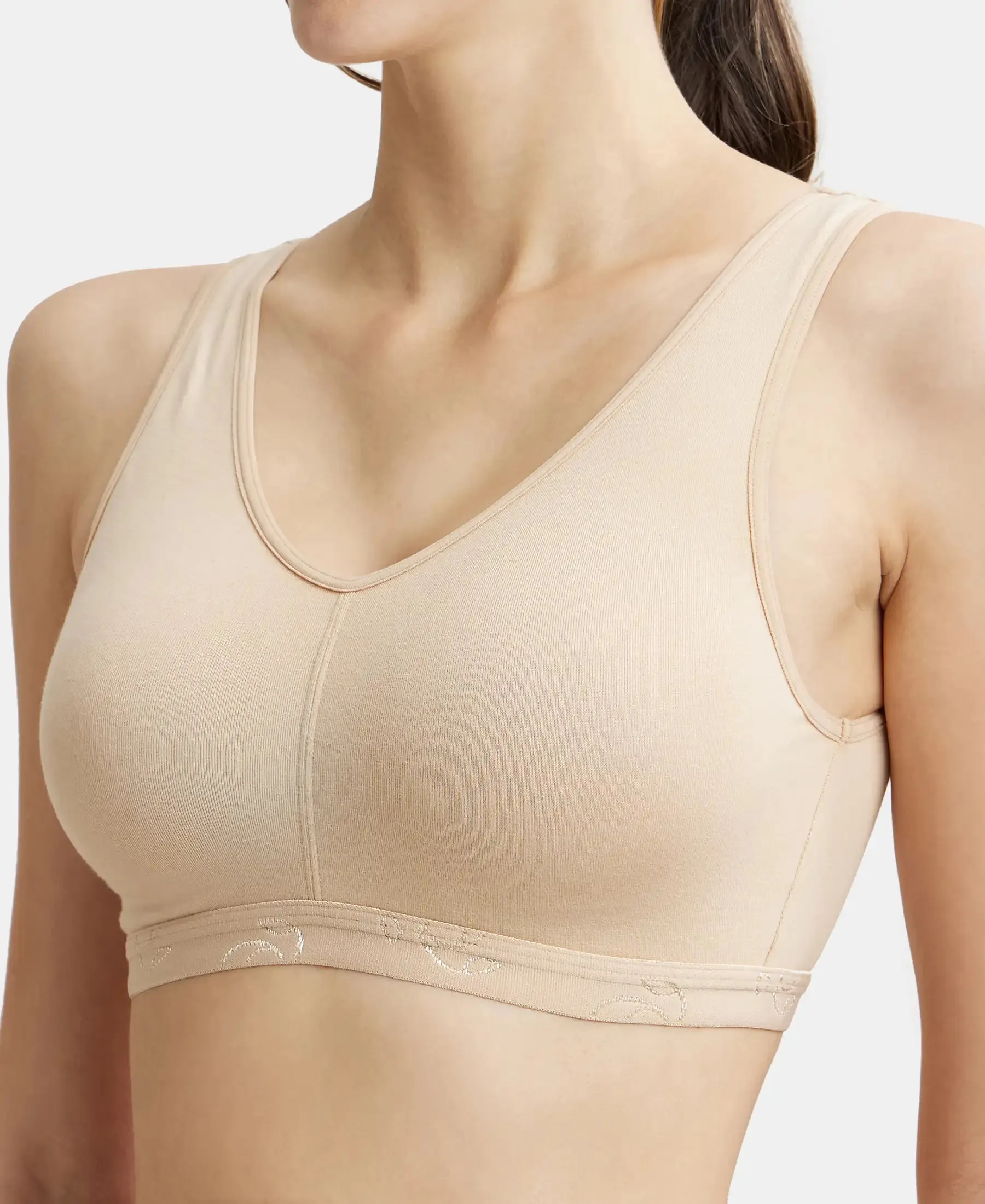 Wirefree Padded Super Combed Cotton Elastane Stretch Full Coverage Lounge and Sleep Bra with Removable Pads - Skin