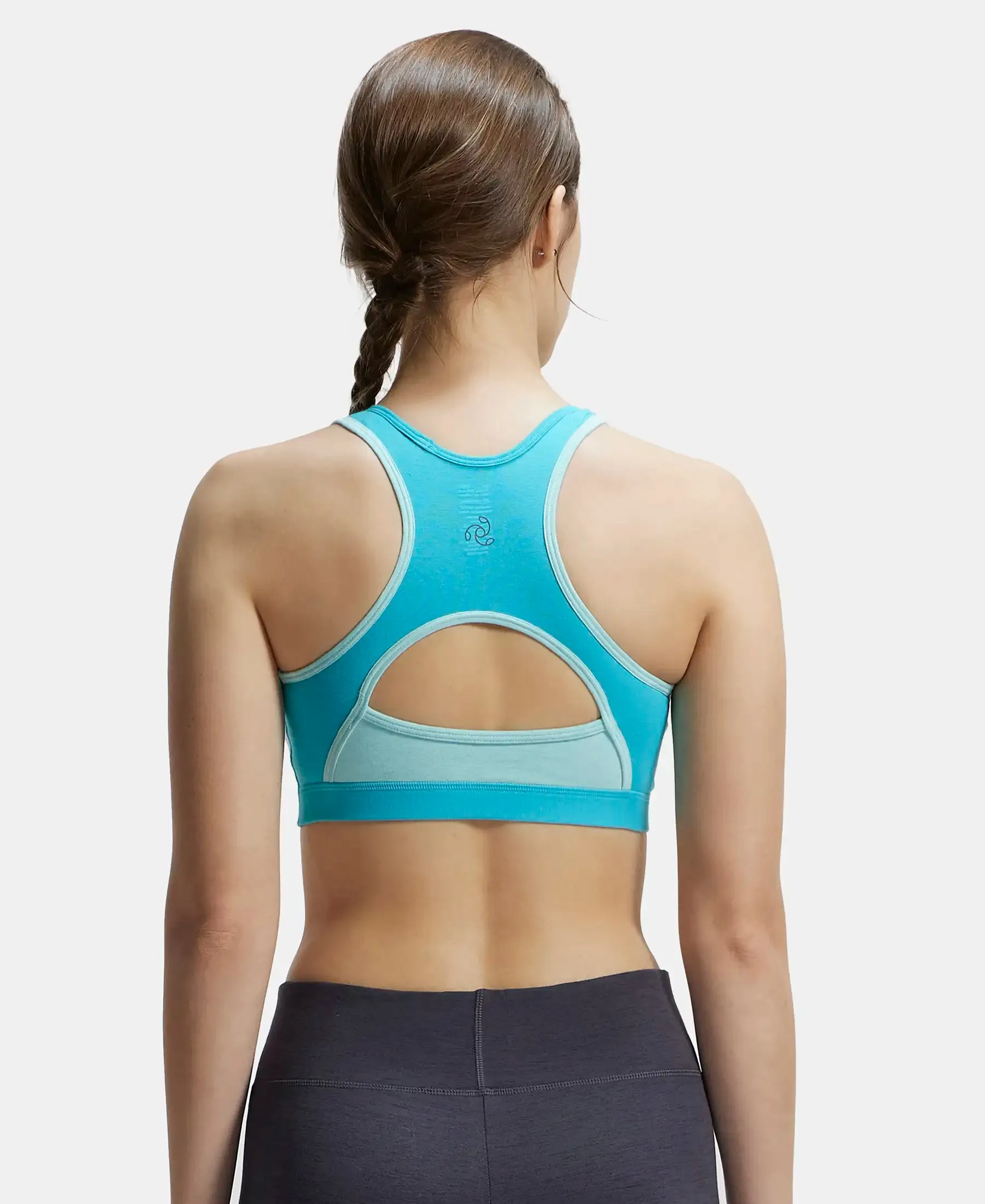 Wirefree Padded Super Combed Cotton Elastane Stretch Full Coverage Racerback Styling Active Bra with StayFresh and Moisture Move Treatment - Teal & Mint Melange