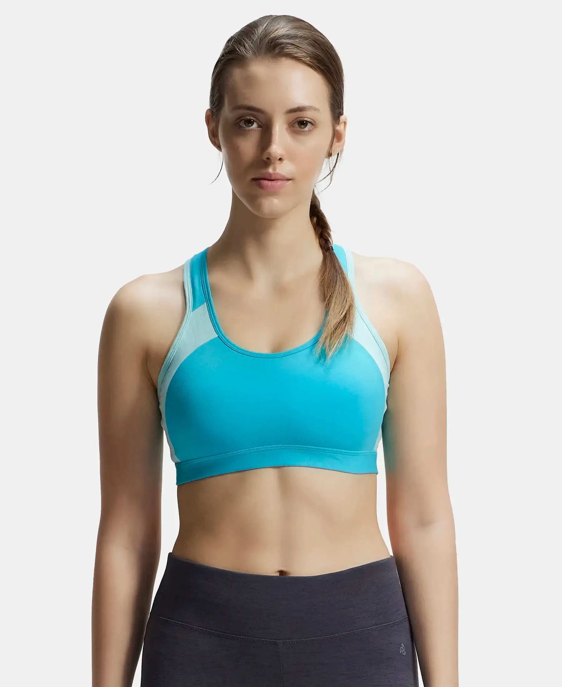 Wirefree Padded Super Combed Cotton Elastane Stretch Full Coverage Racerback Styling Active Bra with StayFresh and Moisture Move Treatment - Teal & Mint Melange