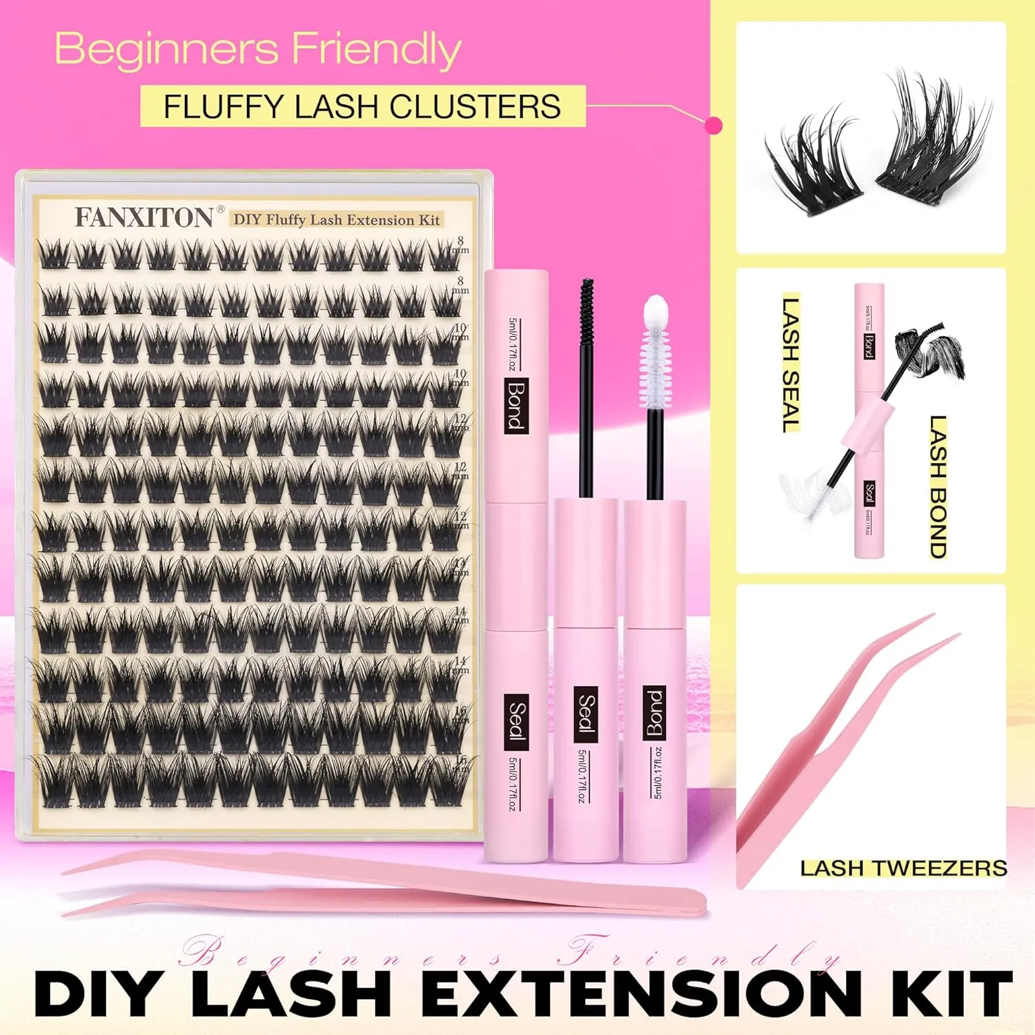 Wispy Lash Clusters Kit Lash Extension Kit Natural Cluster Lashes D 8-16mm Clusters Eyelash Extensions Thick Lashes Cluster Flat Individual Lashes with Lash Bond and Seal Tweezers