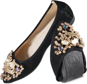 Women Ballet Flats Rhinestone Wedding Ballerina Shoes Foldable Sparkly Comfort Slip on Flat Shoes