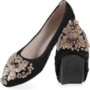 Women Ballet Flats Rhinestone Wedding Ballerina Shoes Foldable Sparkly Comfort Slip on Flat Shoes