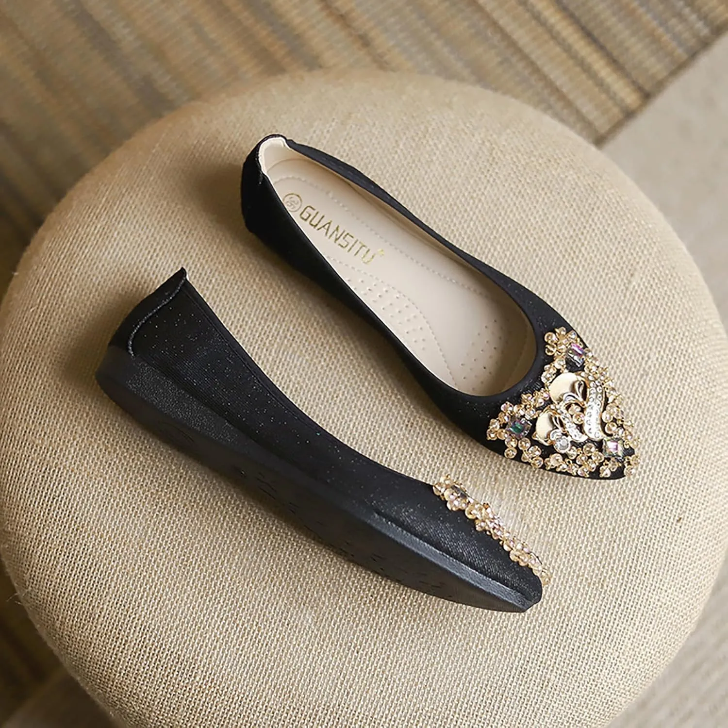 Women Ballet Flats Rhinestone Wedding Ballerina Shoes Foldable Sparkly Comfort Slip on Flat Shoes