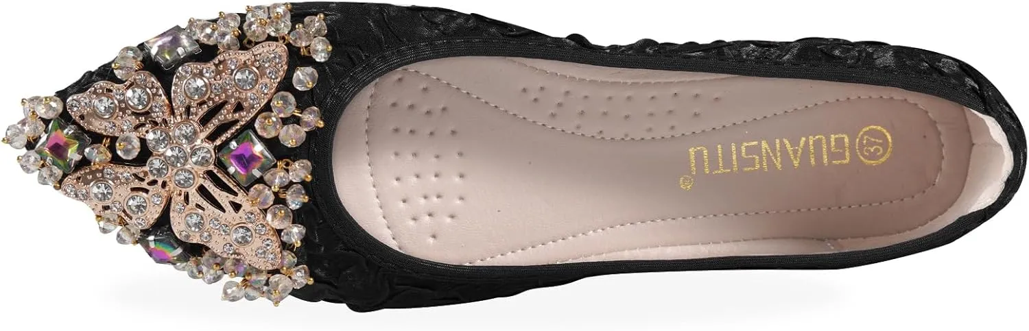 Women Ballet Flats Rhinestone Wedding Ballerina Shoes Foldable Sparkly Comfort Slip on Flat Shoes