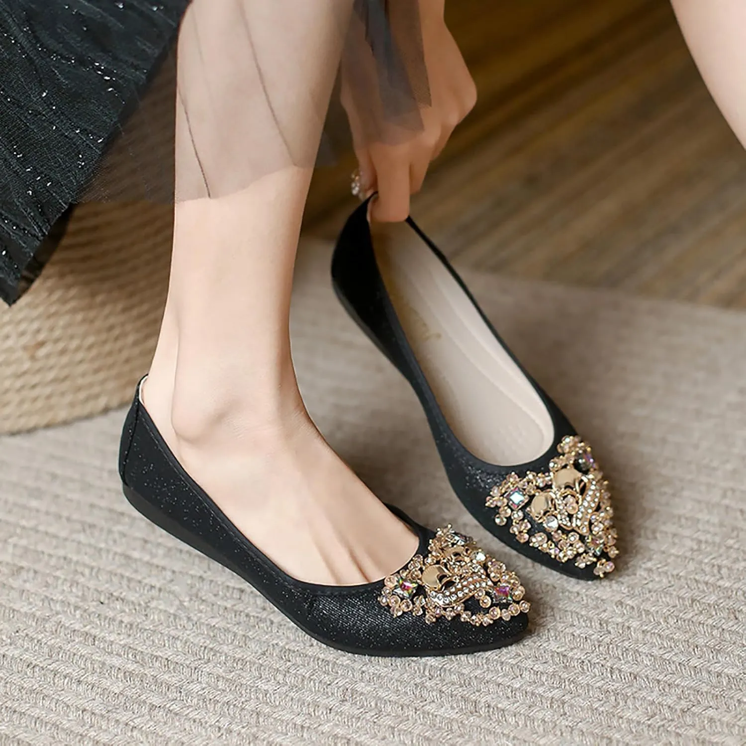Women Ballet Flats Rhinestone Wedding Ballerina Shoes Foldable Sparkly Comfort Slip on Flat Shoes