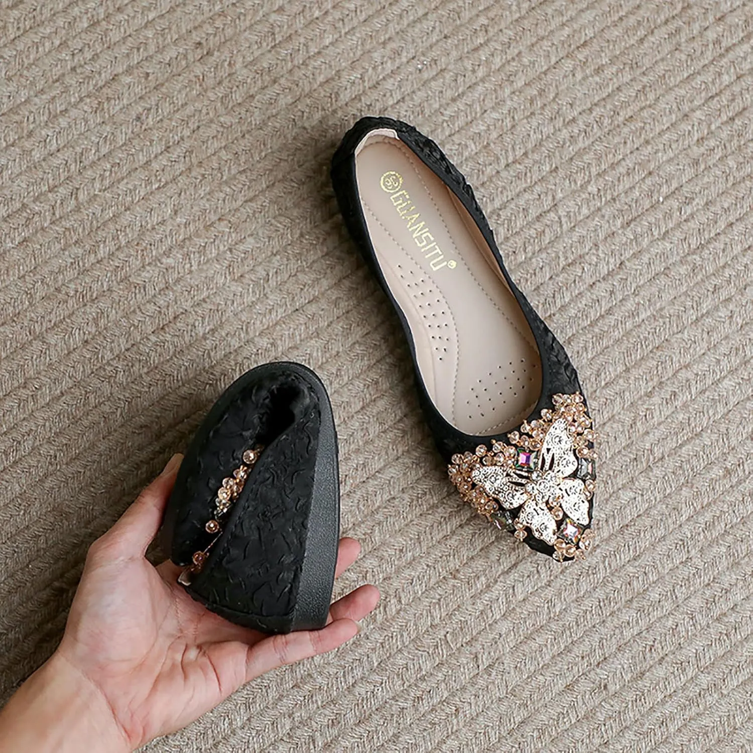 Women Ballet Flats Rhinestone Wedding Ballerina Shoes Foldable Sparkly Comfort Slip on Flat Shoes