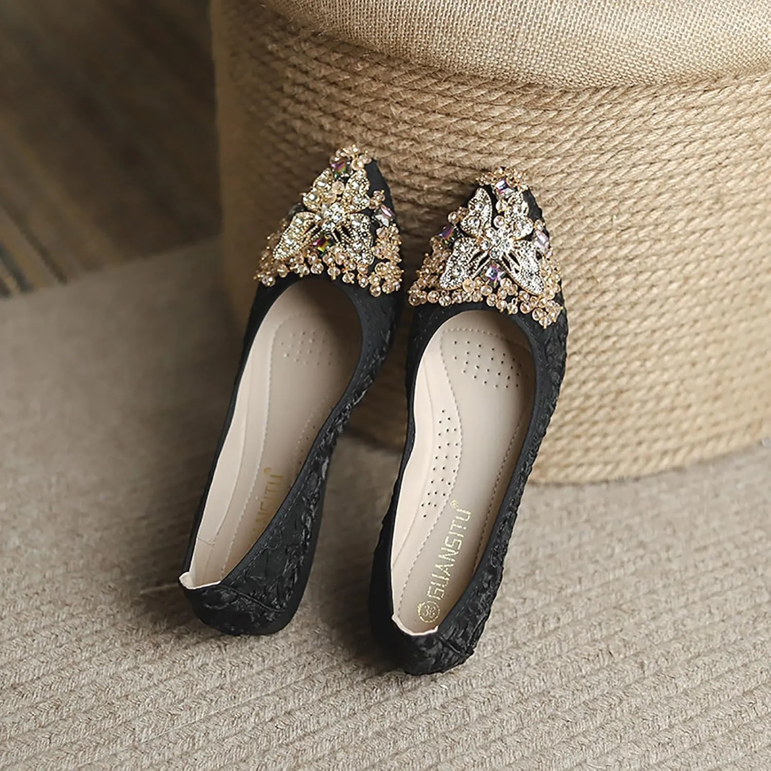 Women Ballet Flats Rhinestone Wedding Ballerina Shoes Foldable Sparkly Comfort Slip on Flat Shoes