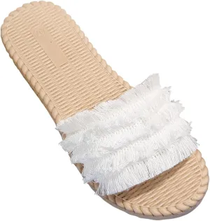 Women Bohemian Fringe Slide Sandals Summer Dressy Slip on Flat Slides Boho Beach Slippers Comfort Sandal for Vacation