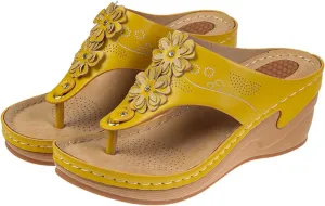 Women Boho Wedge Flip Flops Arch Support Summer Thong Sandals Flower Decor Clip Toe Slipper Beach Vacation Sandal Shoes