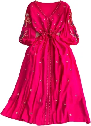 Women Ethnic Storm Semitic Beach Dress Vacation V-Neck Embroidered Dresses Waist Mid Length Dress