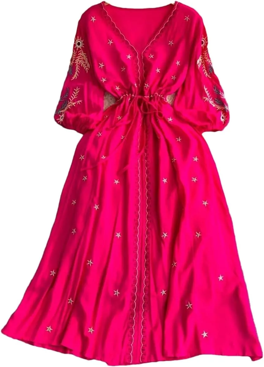 Women Ethnic Storm Semitic Beach Dress Vacation V-Neck Embroidered Dresses Waist Mid Length Dress