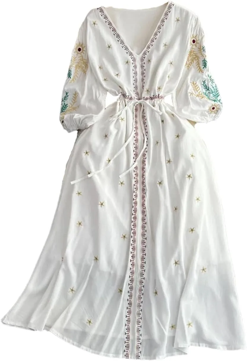 Women Ethnic Storm Semitic Beach Dress Vacation V-Neck Embroidered Dresses Waist Mid Length Dress