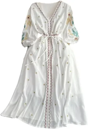 Women Ethnic Storm Semitic Beach Dress Vacation V-Neck Embroidered Dresses Waist Mid Length Dress