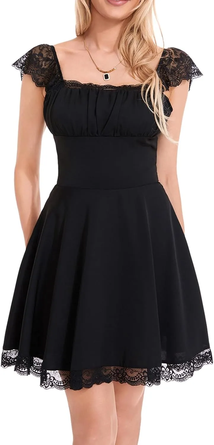 Women Lace Trim Short Dress Y2k Low Cut Sleeveless Mini Dress Ruched Bust Lace-up Corsets Spaghetti Strap Dress