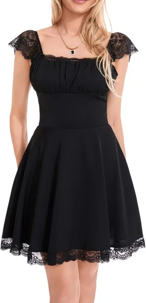 Women Lace Trim Short Dress Y2k Low Cut Sleeveless Mini Dress Ruched Bust Lace-up Corsets Spaghetti Strap Dress
