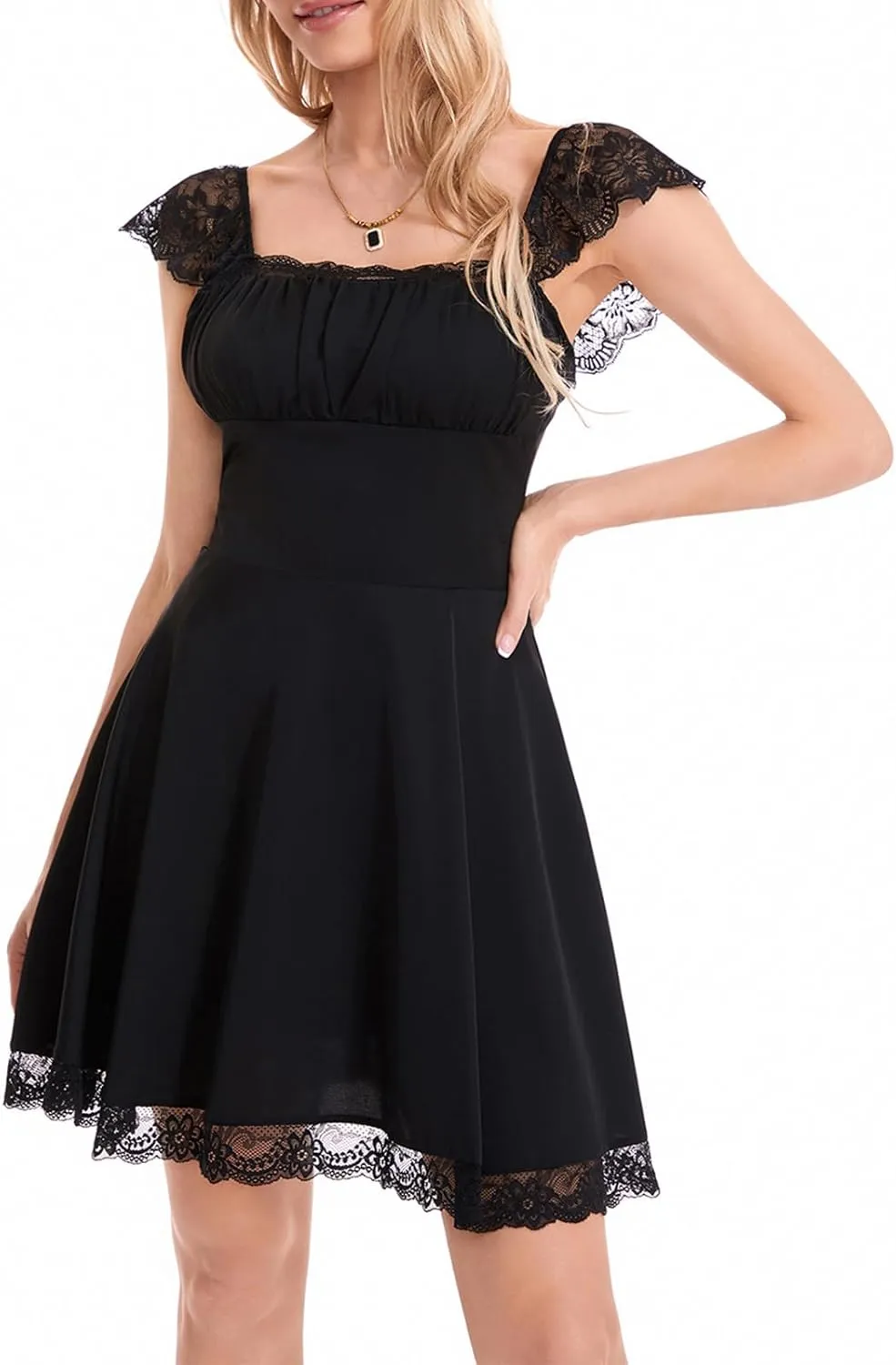 Women Lace Trim Short Dress Y2k Low Cut Sleeveless Mini Dress Ruched Bust Lace-up Corsets Spaghetti Strap Dress