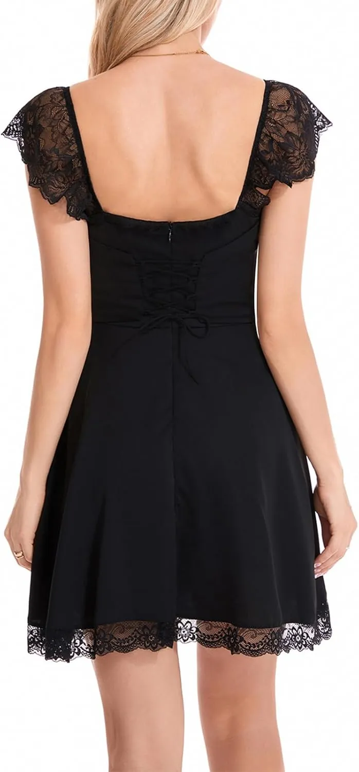 Women Lace Trim Short Dress Y2k Low Cut Sleeveless Mini Dress Ruched Bust Lace-up Corsets Spaghetti Strap Dress