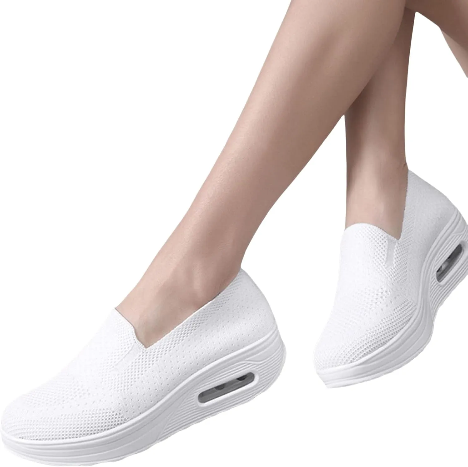 Women Wedge Shoes Breathable Mesh Sneakers Non Slip Casual Knit Boat Loafers Air Cushion Slip On Comfort Walking Shoes Comfortable Women's Orthopedic Platform Sneakers