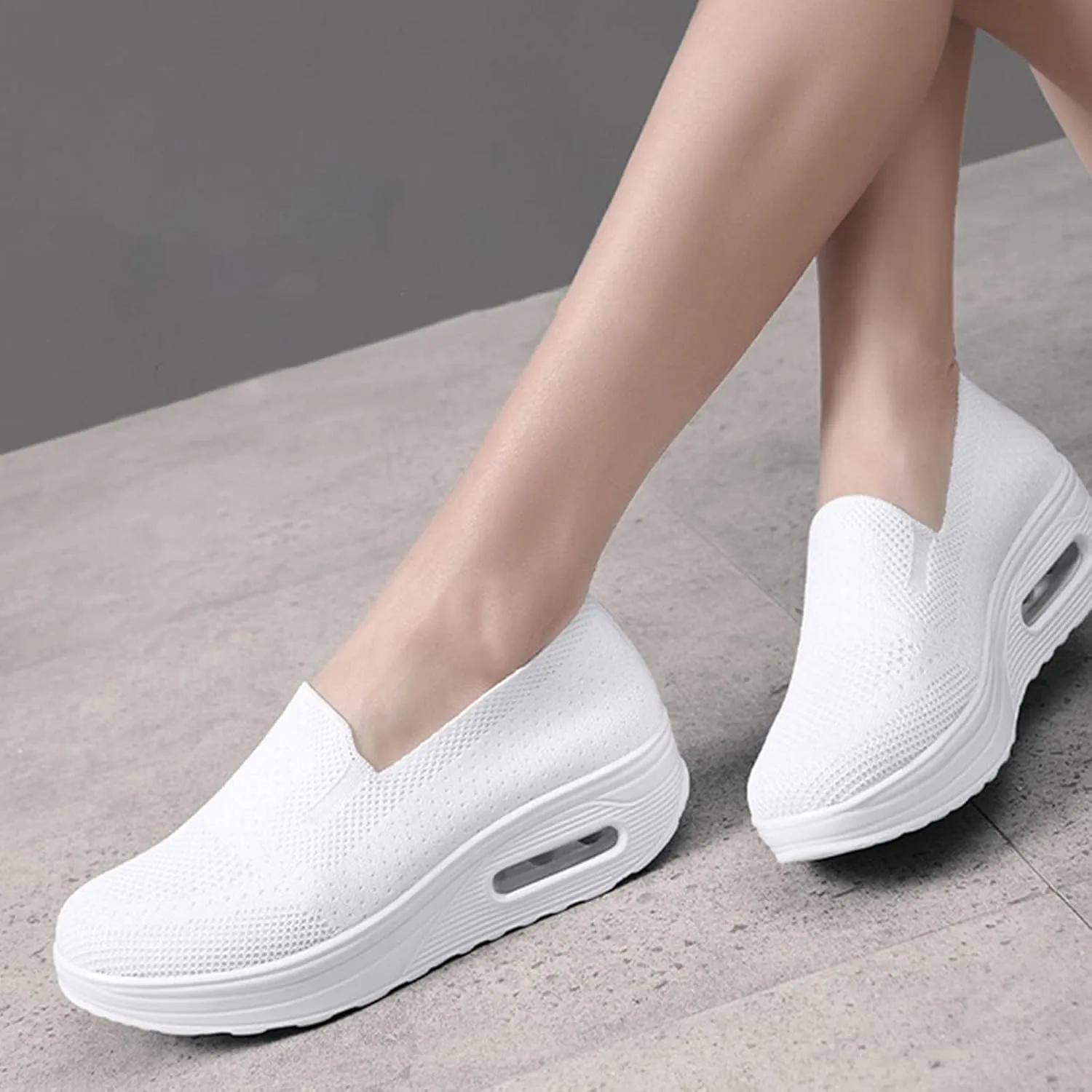 Women Wedge Shoes Breathable Mesh Sneakers Non Slip Casual Knit Boat Loafers Air Cushion Slip On Comfort Walking Shoes Comfortable Women's Orthopedic Platform Sneakers
