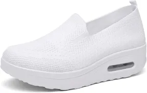 Women Wedge Shoes Breathable Mesh Sneakers Non Slip Casual Knit Boat Loafers Air Cushion Slip On Comfort Walking Shoes Comfortable Women's Orthopedic Platform Sneakers