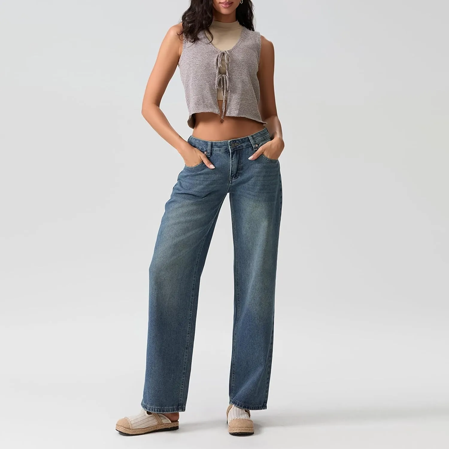 Women Y2k Low Rise Baggy Jeans Loose Fit Boyfriend Straight Wide Leg Jeans Trendy Stretch Long Denim Pants