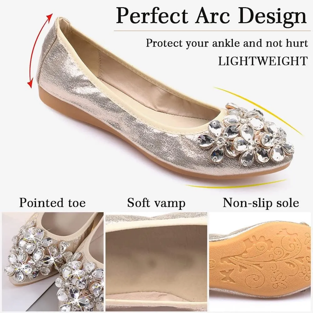 Women's Ballet Flats Foldable Casual Sparkly Rhinestone Wedding Ballerina Shoes Comfort Slip on Walking Flat Shoes